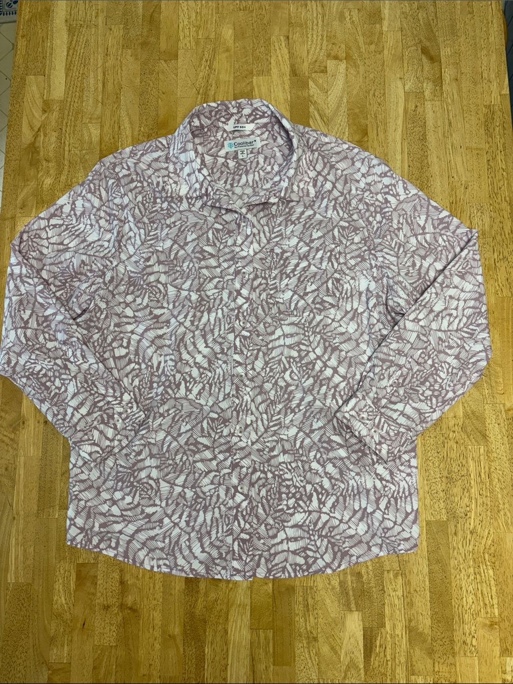 COOLIBAR UPF 50+ Sun Protection Button Down Shirt Mauve Palm Print Large L EUC